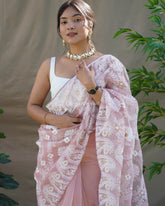 Peach Chikankari Work Pure Organza Saree